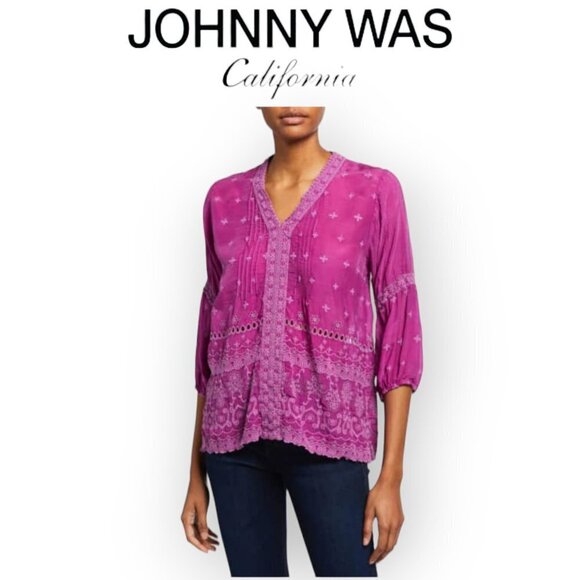 Johnny Was Tatiana V-Neck Eyelet Embroidered Blouse in magenta in XS - Picture 1 of 8